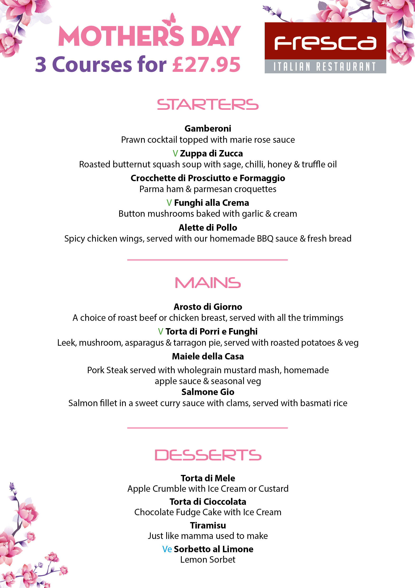 Mothers day Menu
